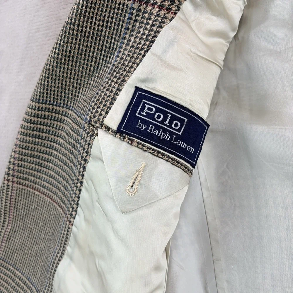 VTG Polo Ralph Lauren Blazer Jacket 42 Glen Check Silk Linen Wool 80s 90s USA